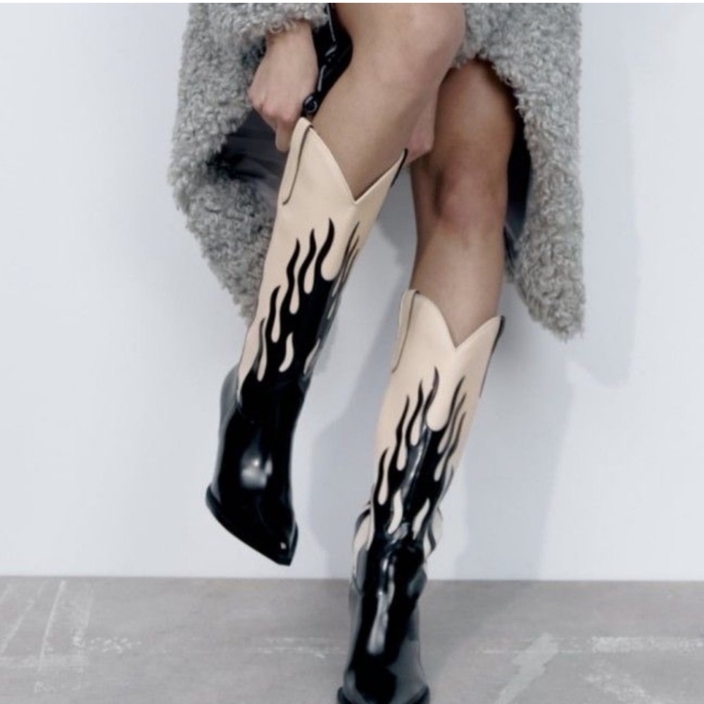 ZARA Contrast Flames Cowboy Boots Size 37/7.5